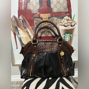 Brahmin Black and Brown Croc-Embossed Satchel